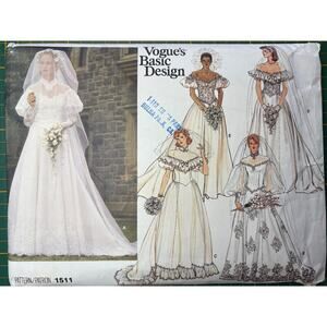 Vogue Misses 1511 Vintage Bridal Gown 5 Styles Sz 12 1985 Dress, Petticoat Uncut